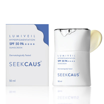 Seekcaus Lumiveil Hyperpigmentation Sunscreen SPF 50 PA++++ | Prevents Hyperpigmentation Recurrence | Blue Light Protection | Alpha Arbutin | Lightweight Fluid Sunscreen | Broad Spectrum UVA UVB Protection | 50ml