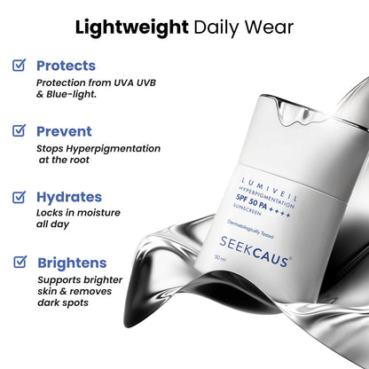 Seekcaus Lumiveil Hyperpigmentation Sunscreen SPF 50 PA++++ | Prevents Hyperpigmentation Recurrence | Blue Light Protection | Alpha Arbutin | Lightweight Fluid Sunscreen | Broad Spectrum UVA UVB Protection | 50ml