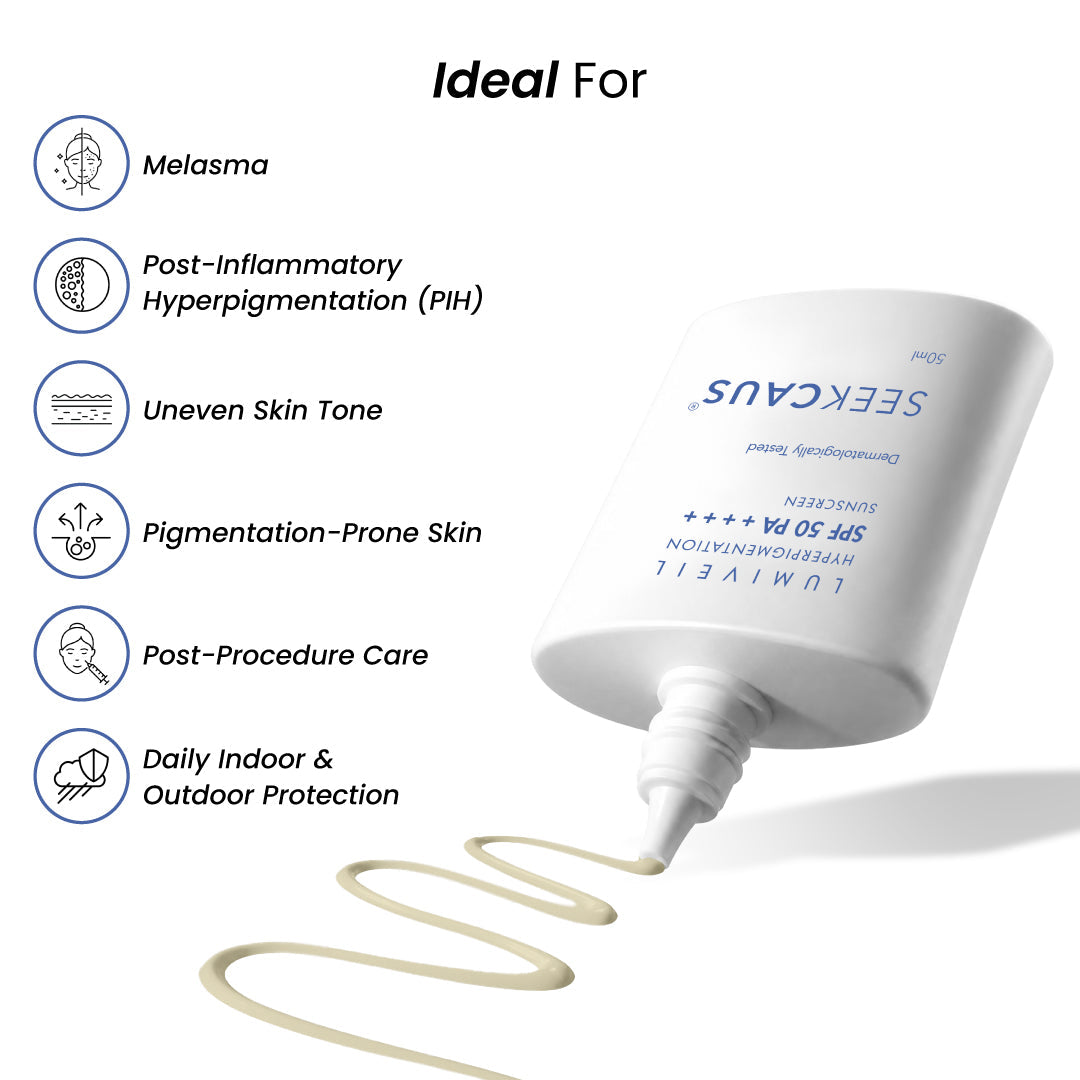Seekcaus Lumiveil Hyperpigmentation Sunscreen SPF 50 PA++++ | Prevents Hyperpigmentation Recurrence | Blue Light Protection | Alpha Arbutin | Lightweight Fluid Sunscreen | Broad Spectrum UVA UVB Protection | 50ml