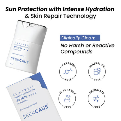 Seekcaus Lumiveil Hyperpigmentation Sunscreen SPF 50 PA++++ | Prevents Hyperpigmentation Recurrence | Blue Light Protection | Alpha Arbutin | Lightweight Fluid Sunscreen | Broad Spectrum UVA UVB Protection | 50ml